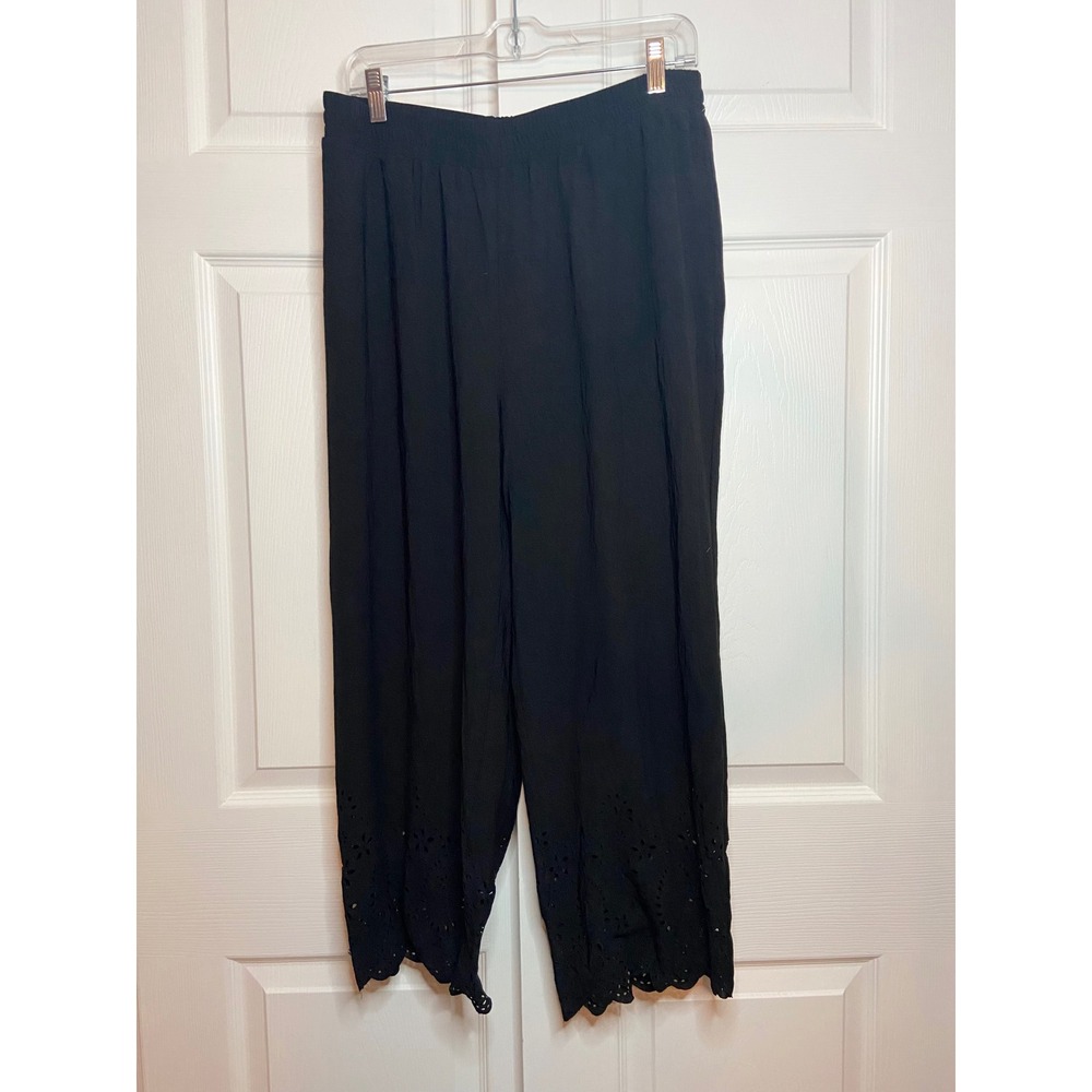 Rafaella Black Eyelet Scallop Hem Cropped Wide Leg Pants Large